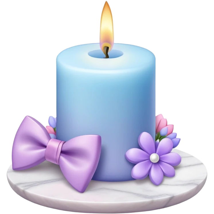 Purple candle on a white marble-candle-holder-stand, flowers, bow tie, light-blue, pink, white, pastel purple, aesthetic emoji