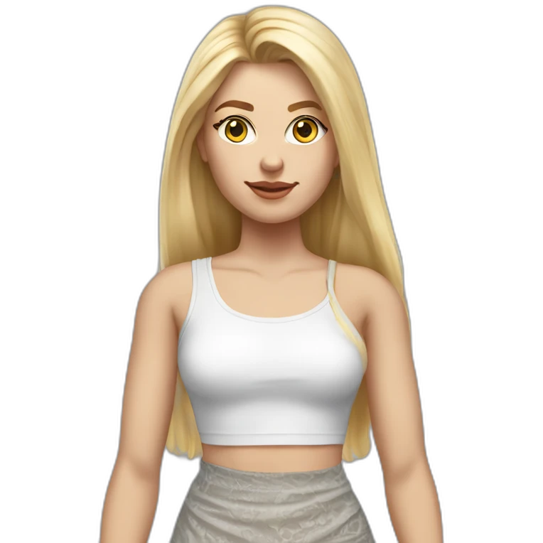 hyperrealistic caucasian female, long straight blonde hair, grey mini pencil skirt, white lace up crop tanktop emoji