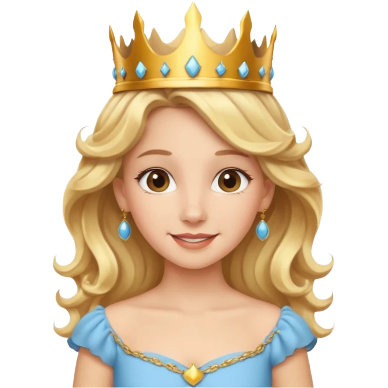 Cheerful blonde princess with wavy hair and light blue dress, wearing crown emoji