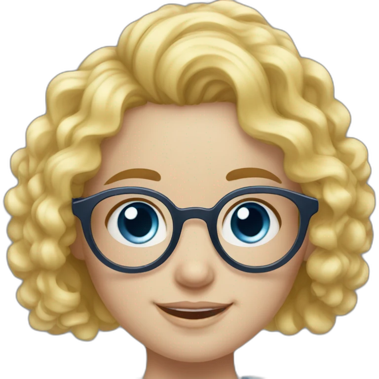 a girl with curly yellow hair to her neck and with round large glasses, Russian-Jewish appearance, with snow-white skin and a smile, and gray-blue eyes emoji