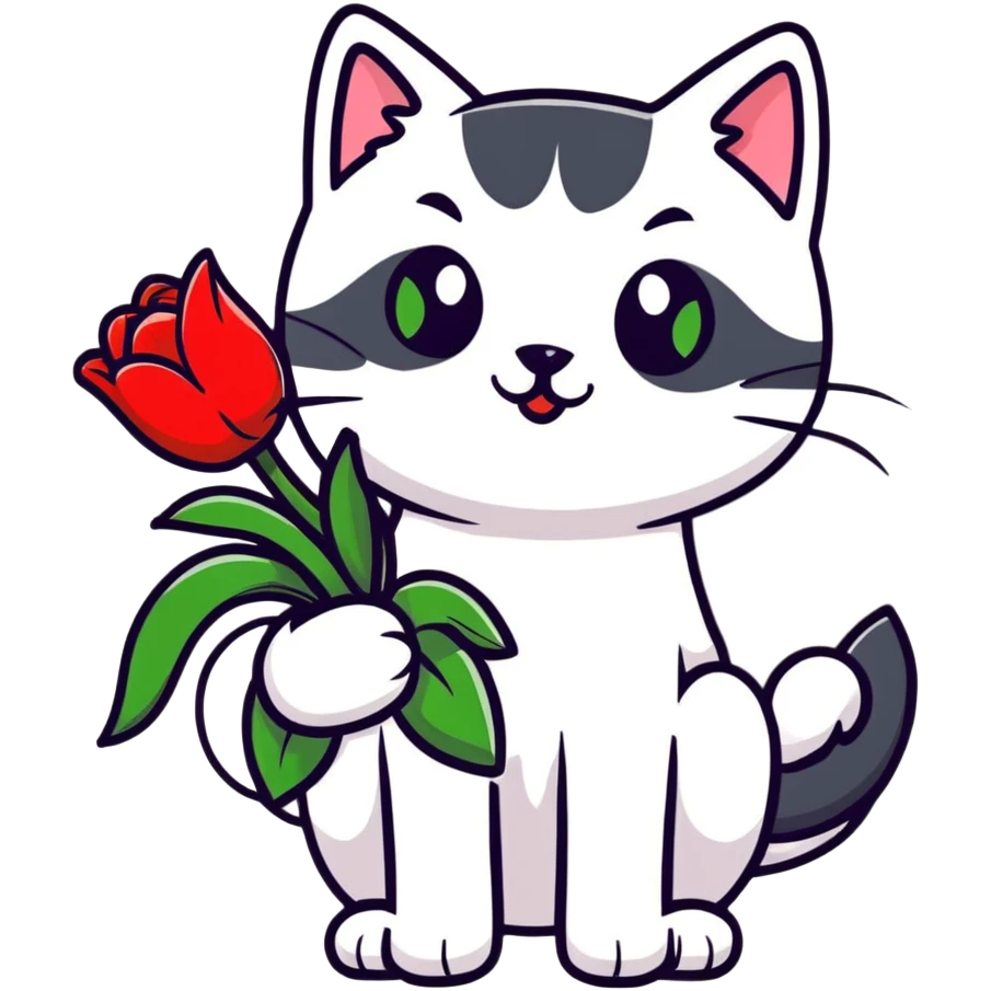 tricolor fluffy cat with big green eyes holding red tulips in her arms emoji