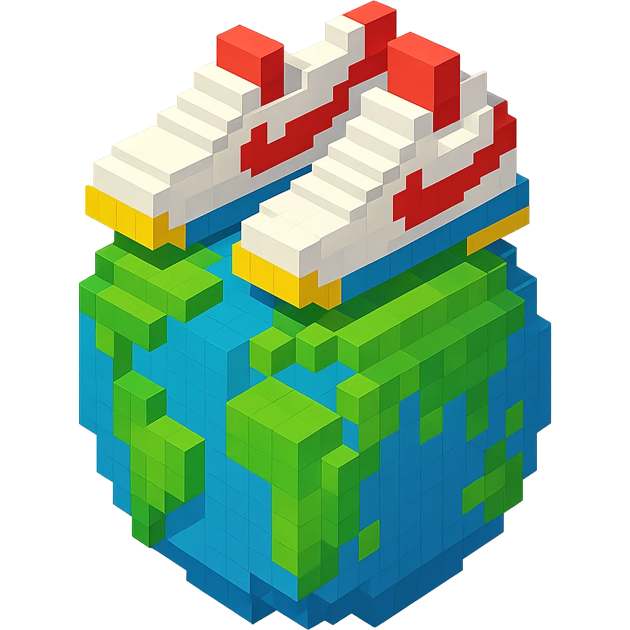 isometric view of Earth globe with a pair of Nike Cortez sneakers walking on top, voxel style emoji