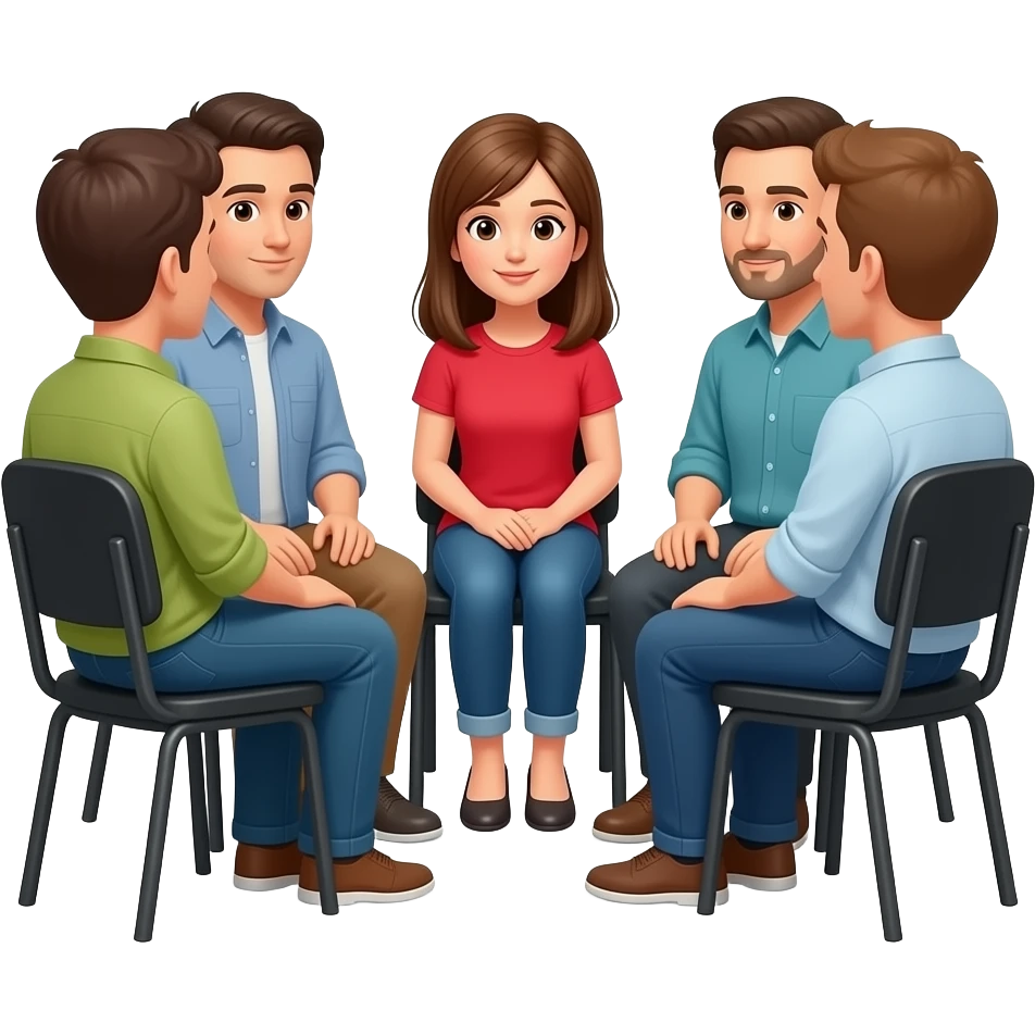 4 personas adultas sentadas en circulo. una de ellas debe ser una mujer joven de pelo castaño conremera roja emoji