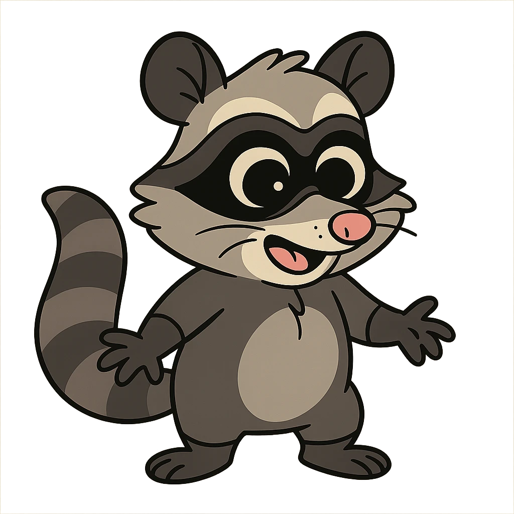 cute cartoon possum dressed up like a raccoon, flat toon style emoji