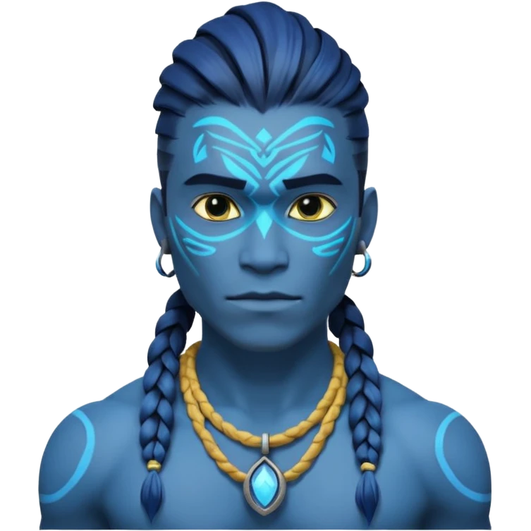 avatar-style Na’vi male portrait, head and shoulders only, blue skin, bioluminescent markings, strong face features, braided hair, tribal necklace, heroic expression, 3D cartoon, mobile game icon style, clean background, no text, no watermark
 emoji