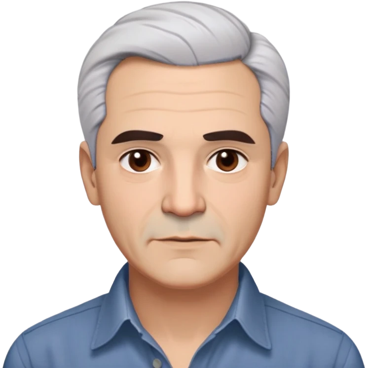 Puerto Rican actor René Monclova with round face, wide jaw, light skin. Expressive dark brown eyes, thick eyebrows. Short gray/white hair with receding hairline. Clean-shaven. Friendly expression. Wearing a dark button-down shirt. Distinguished older man with charismatic appearance. emoji