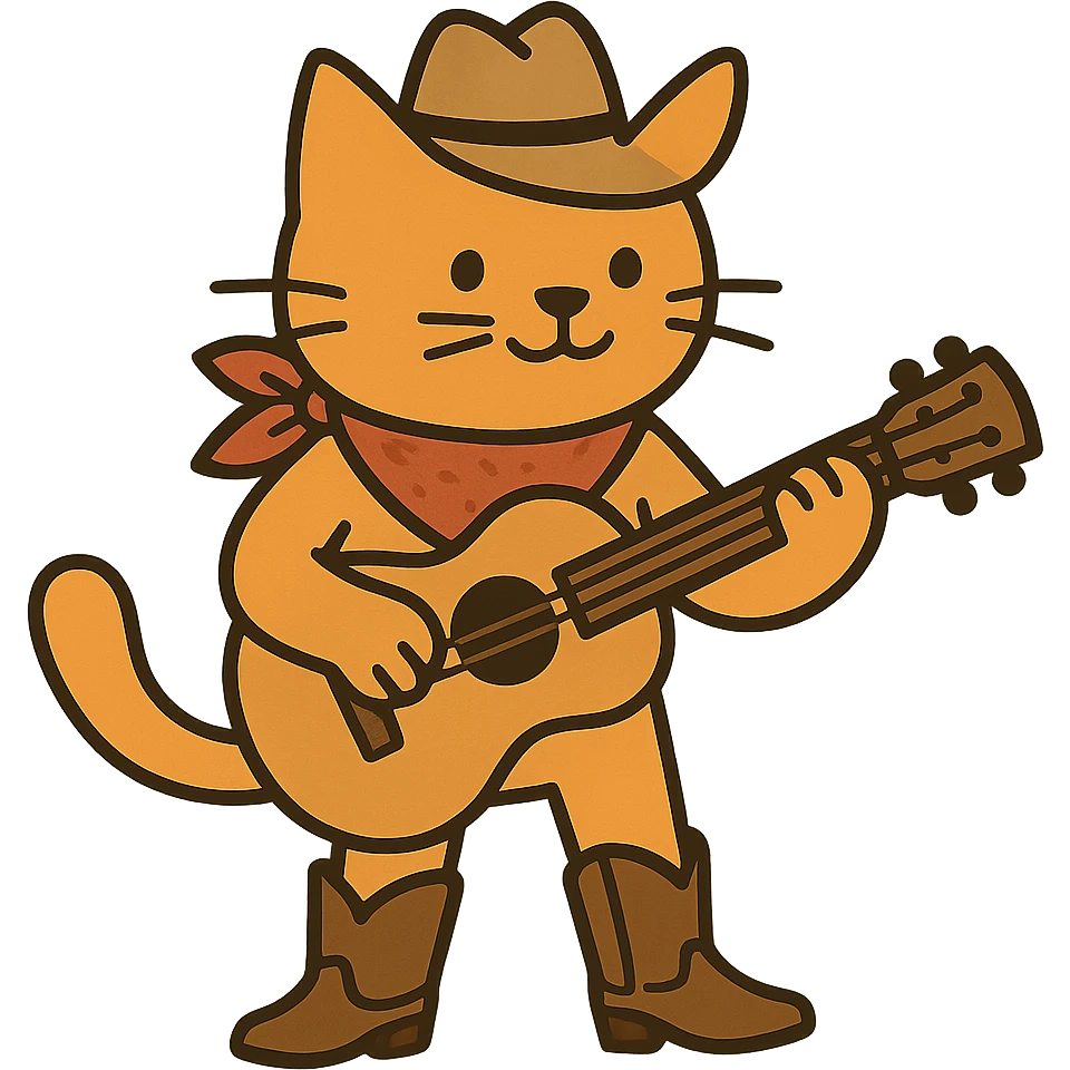 flat toon orange cowboy cat strumming an acoustic guitar, wearing cowboy boots and a bandana emoji
