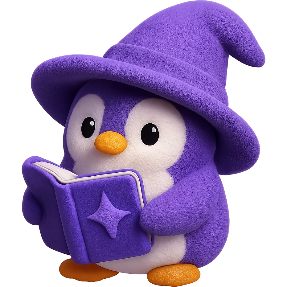 A penguin wizard apprentice with an oversized wizard hat that's slightly tilted, holding a spell book. The plush penguin has a curious expression and soft fuzzy texture. emoji