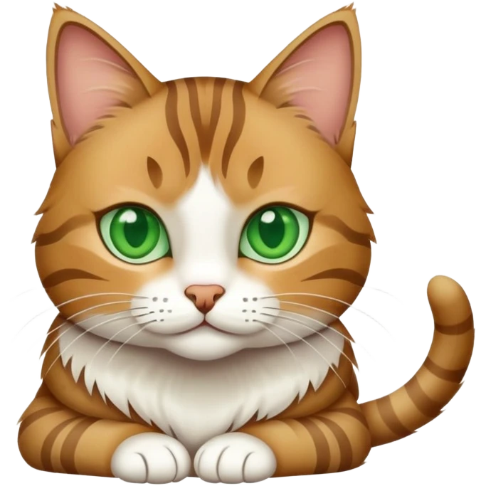 A tabby cat with green eyes sitting and showing its white stomach emoji