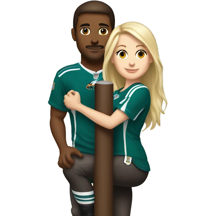 Brunette white female with brown eyes and blonde white male who are both eagles fan climbing up a pole emoji