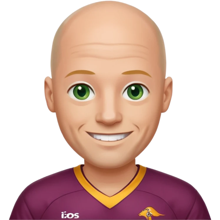 young-ish 50 year old man dressed in a brisbane broncos jersey, bald head, fair skin, happy face, blueish green eyes emoji