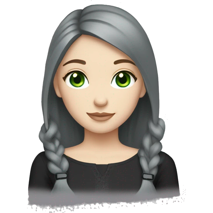 girl with brown hair and blue eyes wearing black and holding grey fat Russian blue cat with green eyes  emoji
