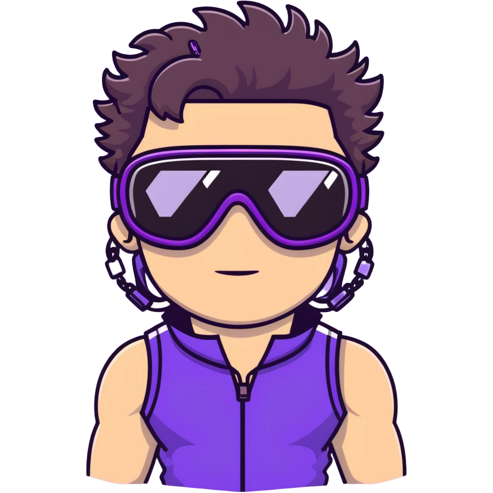 close-up of male athlete with white skin and moderately curly dark brown hair on top with shaved sides, wearing ski goggles with purple frames and very dark black lenses, a simple plain black chain necklace, and a completely unzipped sleeveless vest with purple and black sequin fire pattern design with no logo, with an arrogant smug smirk on his face, looking confident and cocky emoji