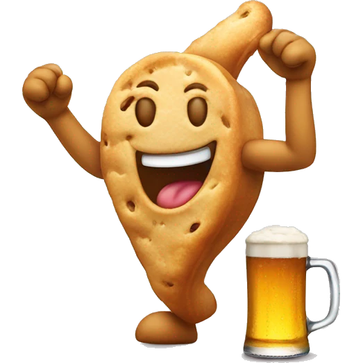a dancing beer that smiles and eats a cooki emoji