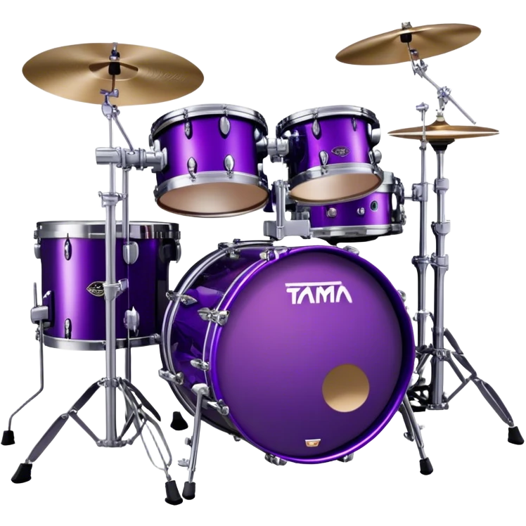  "Create a vibrant and detailed emoji representing Lars Ulrich's Tama Starclassic drum kit. The design should feature a sleek, glossy purple drum kit with glittering accents, including two large bass drums positioned side by side. The snare drum, toms, and cymbals should be clearly visible, with a high-shine finish that reflects the light. Add subtle musical notes around the kit to evoke rhythm and energy. Use a color palette of deep purple, black, silver, and sparkling accents to emphasize the unique look of this iconic setup. The background should be transparent. emoji