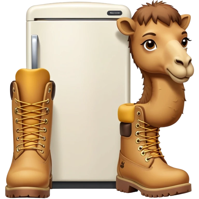A camel face with long eyelashes on top of a boxy white refrigerator body, with four yellow-brown Timberland boots at the bottom emoji