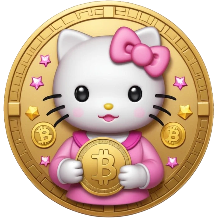 Hello Kitty holding a large coin with a crypto symbol, surrounded by digital sparkles, cute emoji style emoji