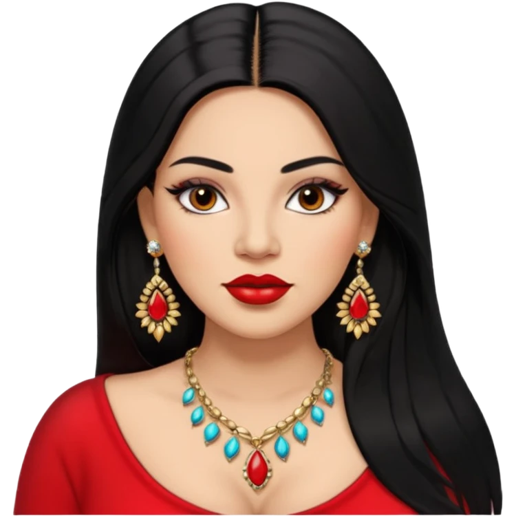 Mexican Light skin brown eyes glamorous full figured women black long straight hair red lips necklace and earrings long lashes emoji