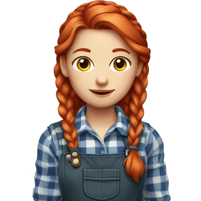 Farmer girl, red hair with braid, and plaid shirt and overalls  emoji