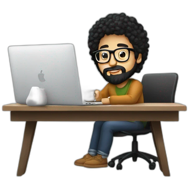 Designer with black hair, beard and glasses working with MacBook and drinking cappuccino  emoji