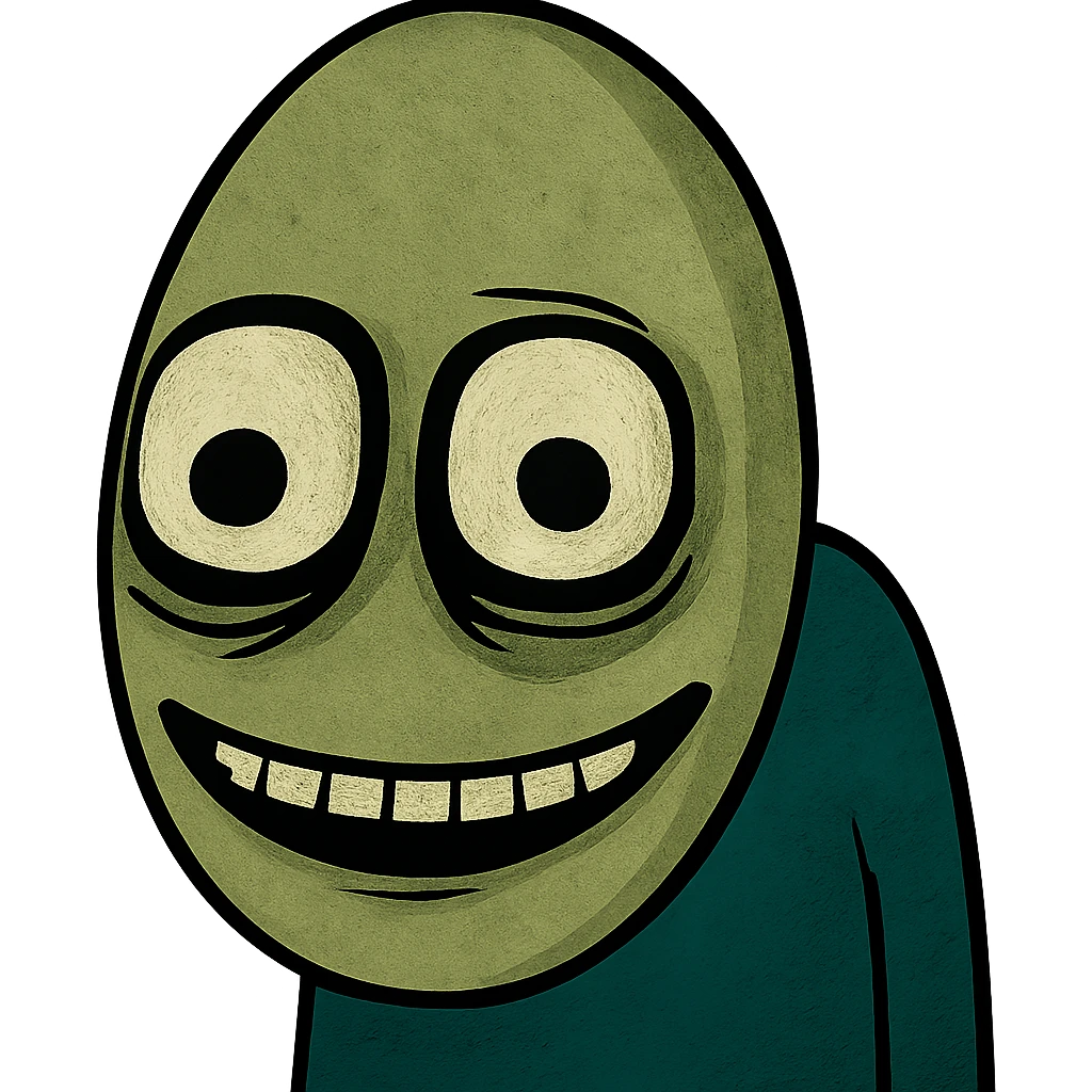 Salad Fingers character, close-up of face, eerie smile, greenish hue, cartoon style emoji