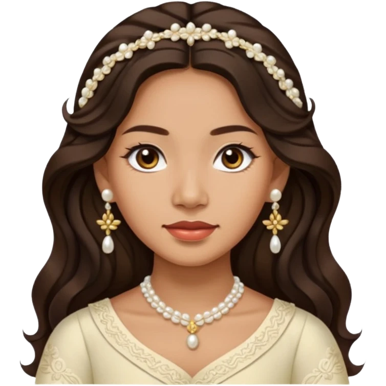 Tan Filipino woman with dark brown eyes and long dark wavy hair parted in the middle wearing a traditional filipiniana and white pearl stud earrings and no other jewelry emoji