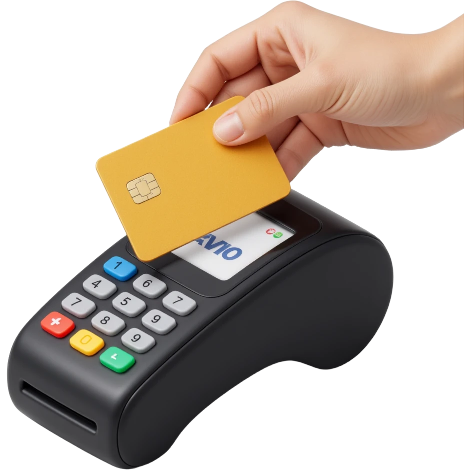 shiny credit card being tapped on a POS terminal, skeuomorphism style, detailed, high quality emoji