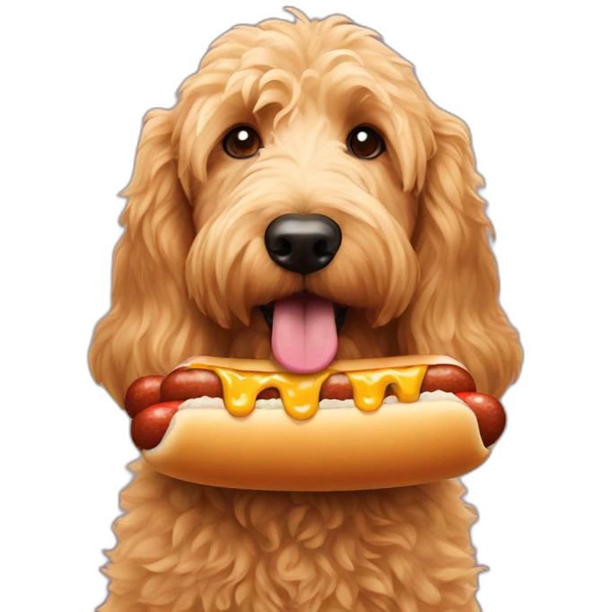 Golden doodle eating a hot dog emoji