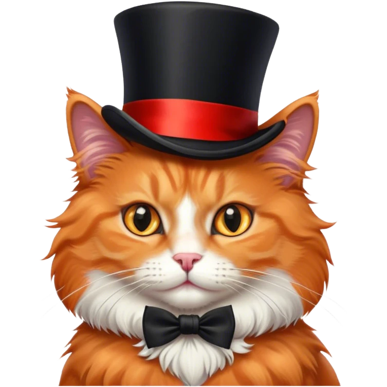 fluffy elegant orange cat with top hat black with red ribbon  emoji