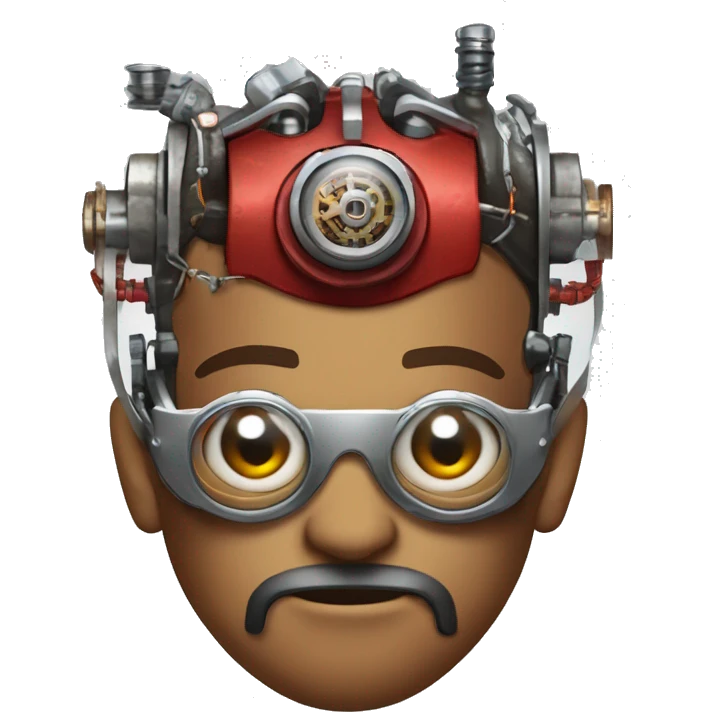 Brown cyborg head with red Mohawk, red beard. silver steampunk monocle goggles a smile and circuits emoji