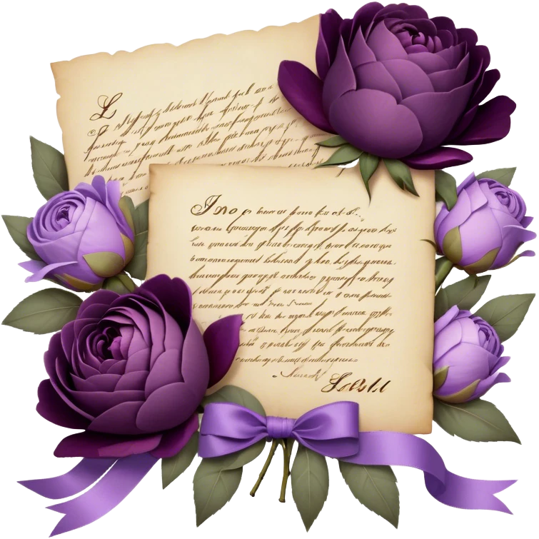 A handwritten love note on aged parchment, nestled within a bouquet of dusty purple peonies, velvety plum roses, and soft lavender blossoms, is delicately secured with a dusky amethyst satin ribbon, while a tiny, heart-shaped wax seal in deep violet adds an elegant, vintage touch. emoji