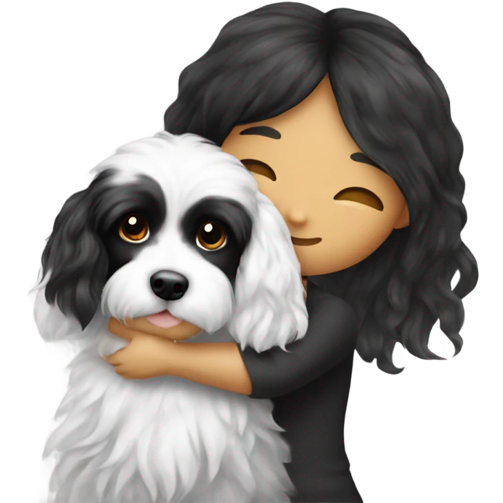 Black and white cavoodle getting hugged by long hair Asian girl emoji