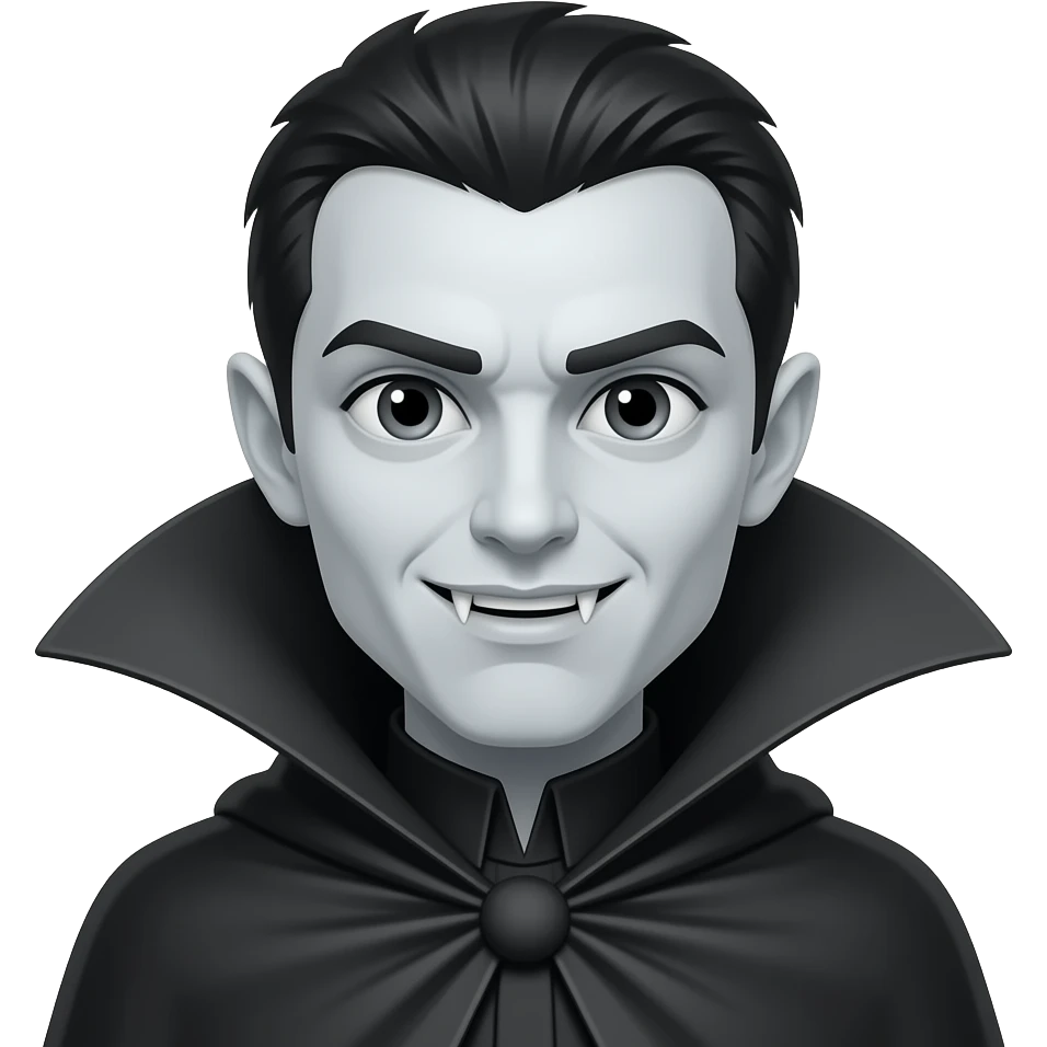 Emoji estilo de un personaje vampiro con capa, rostro originalmente pero convertido completamente a escala de grises. Expresión neutral con ojos grandes, colmillos visibles, cabello corto oscuro, capa con cuello alto. emoji
