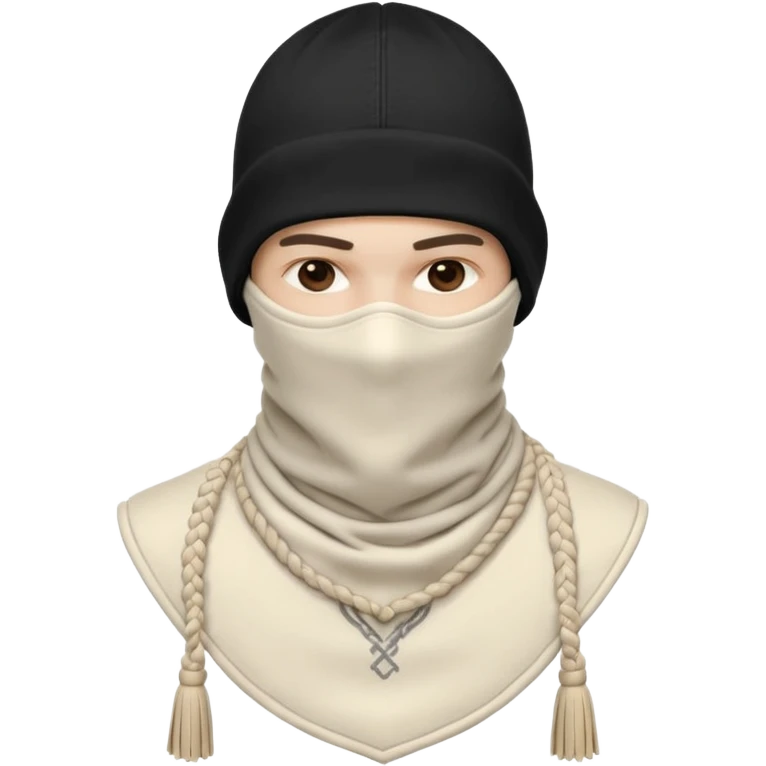Ultra-detailed studio shot of a post-apocalyptic off-white balaclava — deconstructed, frayed, layered, with braided rope tassels and subtle embroidery. Minimalist white background, soft lighting, sharp focus. High-fashion streetwear aesthetic. The face of a person in a mask should not be visible emoji