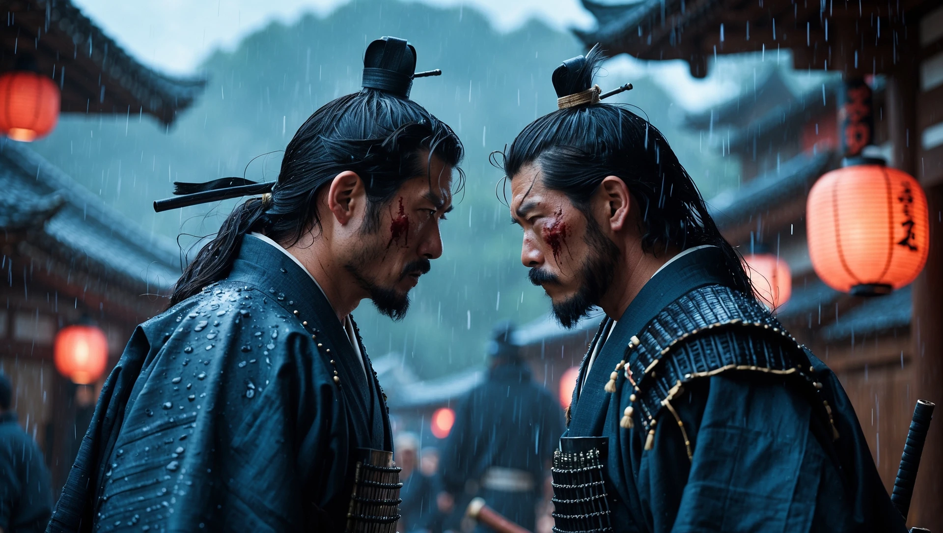 A cinematic scane from 1185, Wide shot of a two japan samurai face to face ready to fight during rain, deph composition, tense atmosphere, captured by by arri alexa, film directed by wes anderson emoji
