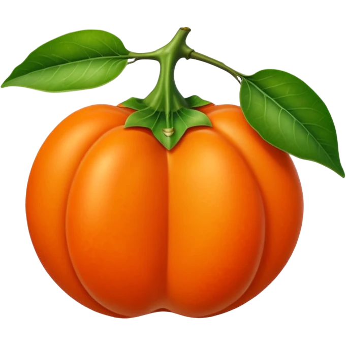 whole persimmon fruit with smooth glossy orange skin, flattened round shape, green leafy calyx on top with soft folds and natural texture, slightly dimpled surface suggesting ripeness and firmness, no leaf cut or extras, soft lighting, subtle shadows, emoji scale emoji