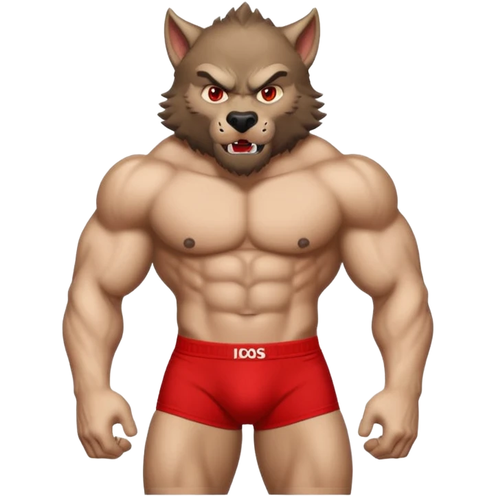 strong werewolf wearing red branded briefs, emoji style emoji
