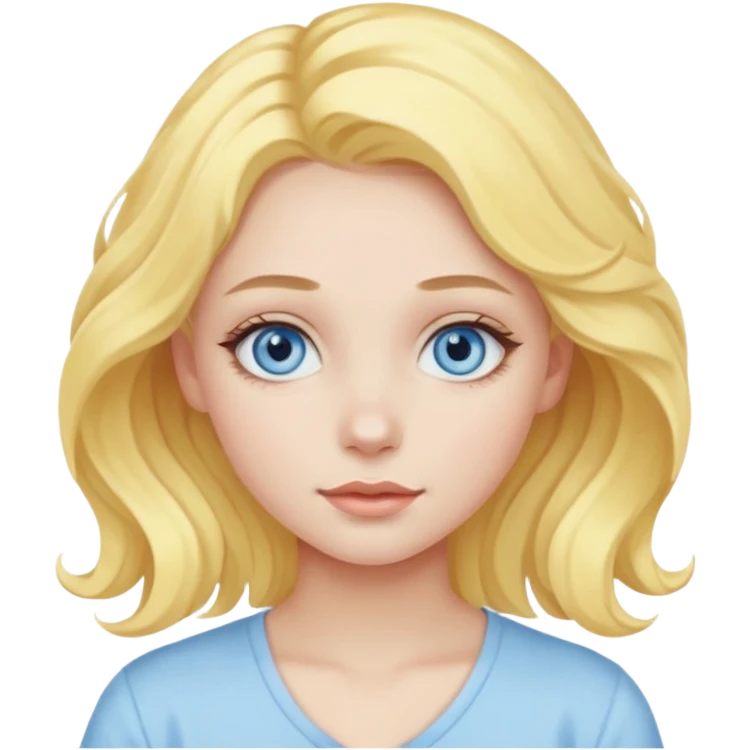 a girl with blue eyes, pastel yellow wavy hair, clean girl makeup emoji