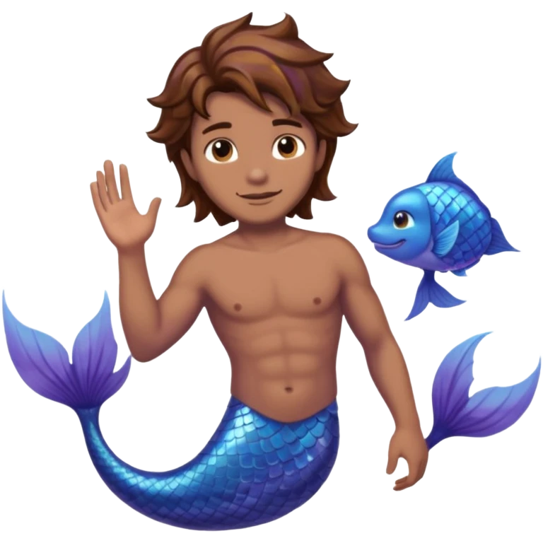 merman with brown hair brown eyes and medium to dark skin tone with a blueish purple tail emoji