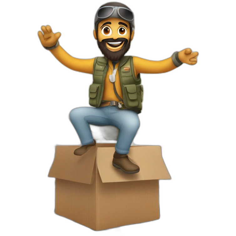 arab with a beard in a squared cardboard vest dancing on top of a plane emoji