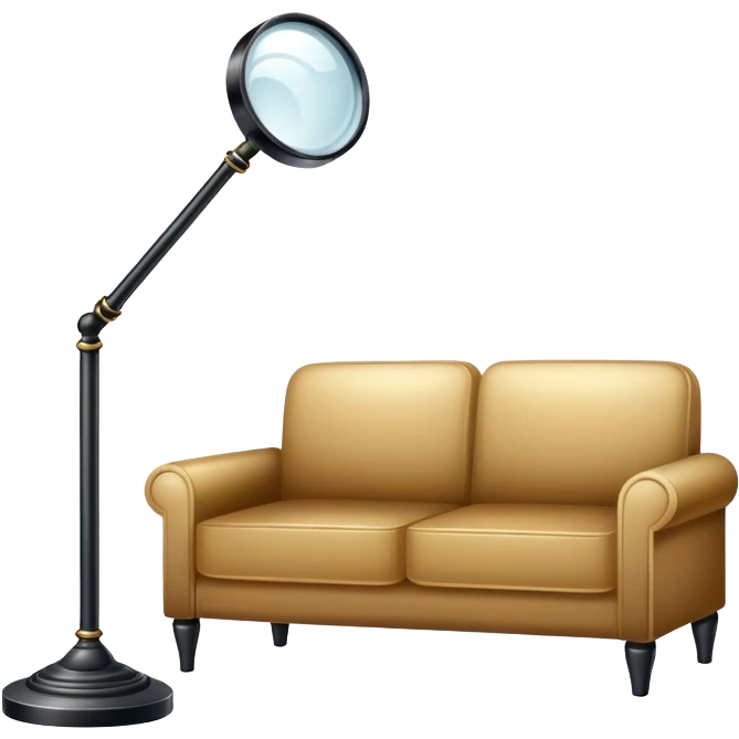 magnifying glass hovering over a couch and floor lamp, detective investigation emoji
