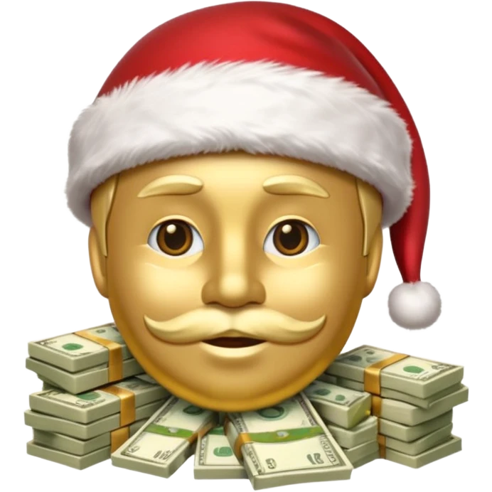 A confident rich emoji face wearing a Santa hat, money stacks, casino vibe, New Year theme, premium 3D emoji style, sharp details, no text, isolated on transparent background emoji