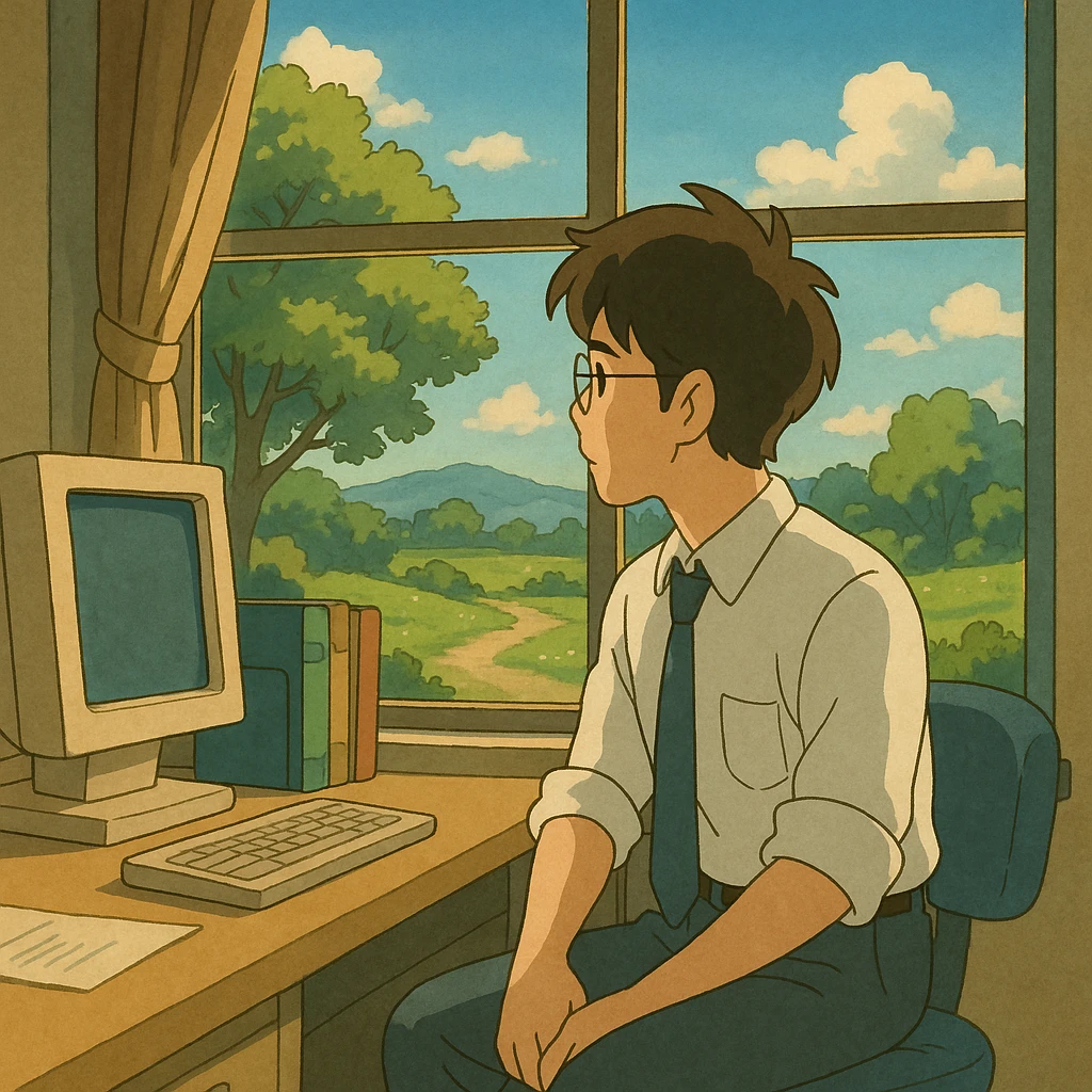 ghibli style office worker gazing out window at sunny outdoors, longing for weekend emoji