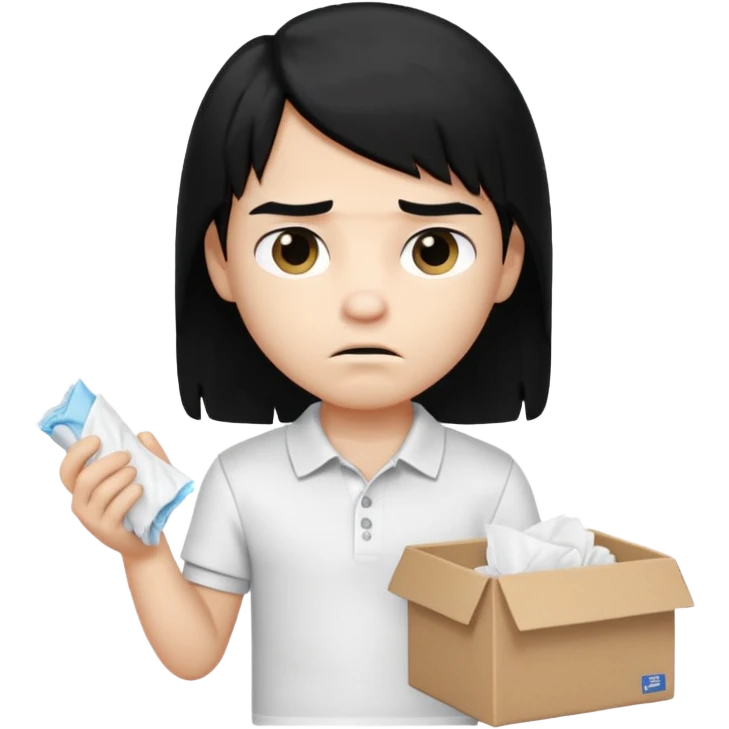 generate a pretty bratz boy with long black hair, wearing a white polo shirt. Looking sad, holding a box of tissues in right hand emoji