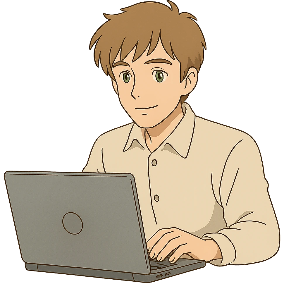 ghibli style man with light brown hair and green eyes sitting in front of a laptop emoji