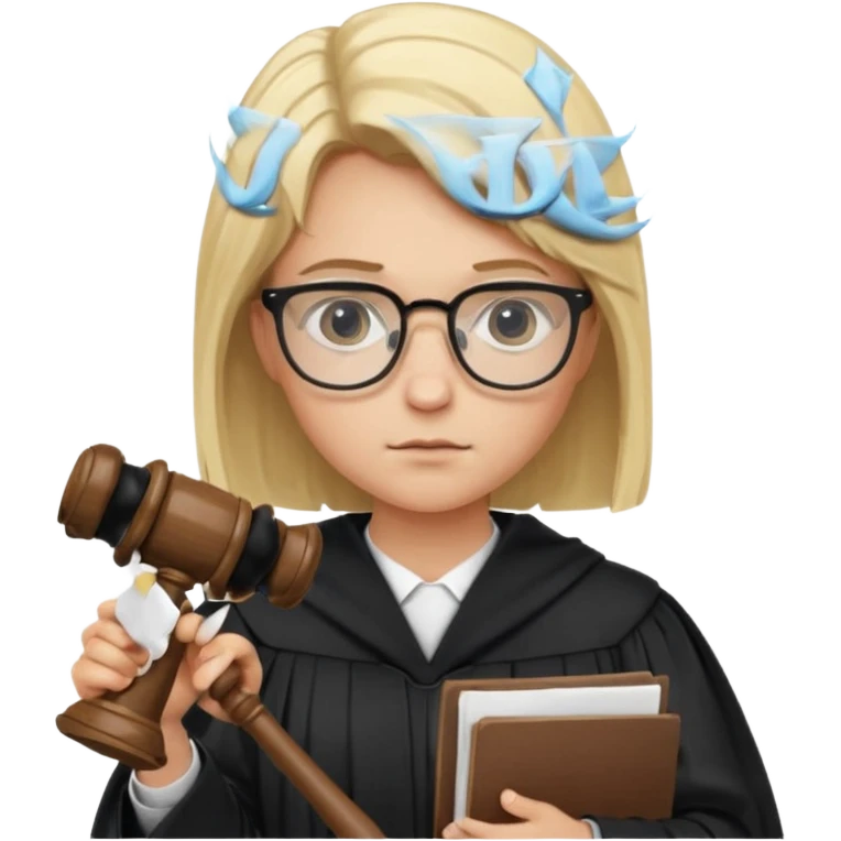 Young judge, blonde hair with glasses and robe, hold a paper and gavel emoji