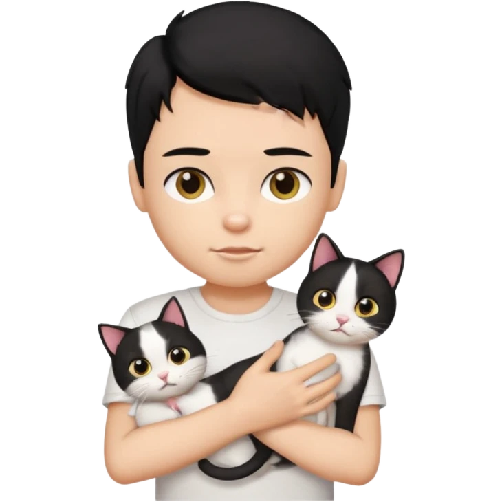 generate a pretty bratz emoji of a boy with black hair wearing a white tshirt and holding a cat in his right hand emoji