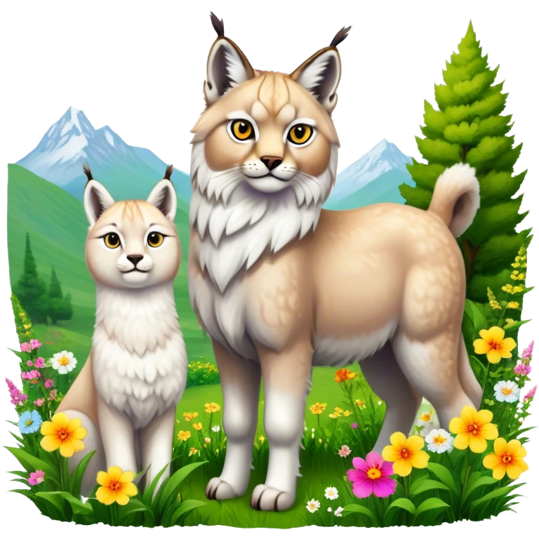 Collage of exotic animals: a lynx with striking eyes, and a fluffy alpaca standing in a lush meadow. The lynx gazes intently while the alpaca looks calm and curious. Surrounded by vibrant plants and flowers. Transparent background for a lively, colorful scene. emoji