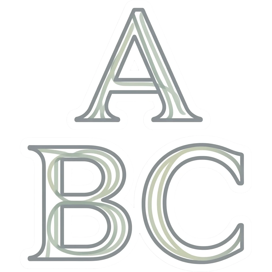 minimal colourful letters ABC, A on top, B and C under A sticker, elegant thin stroke, pastel tones, clean vector design, no background, modern aesthetic, 8k emoji