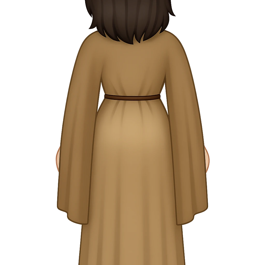 Fullbody backview of Mary Magdalene with dark hair, wearing a light tan dress and a dark tan cape as in the reference image, sandals, in classic emoji style with transparent background. emoji